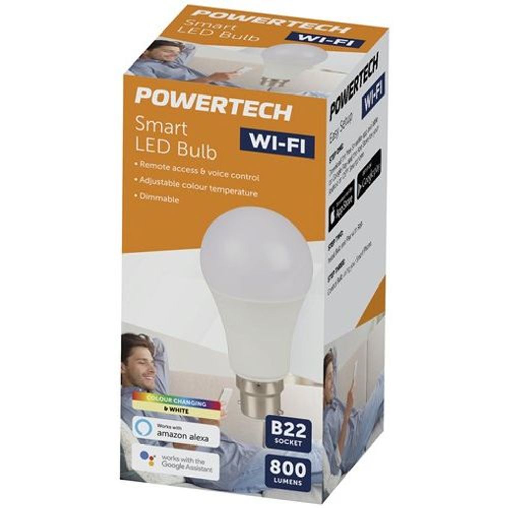 PowerTech Smart Wi‑Fi LED bulb retail box, B22 socket, 800 lumens