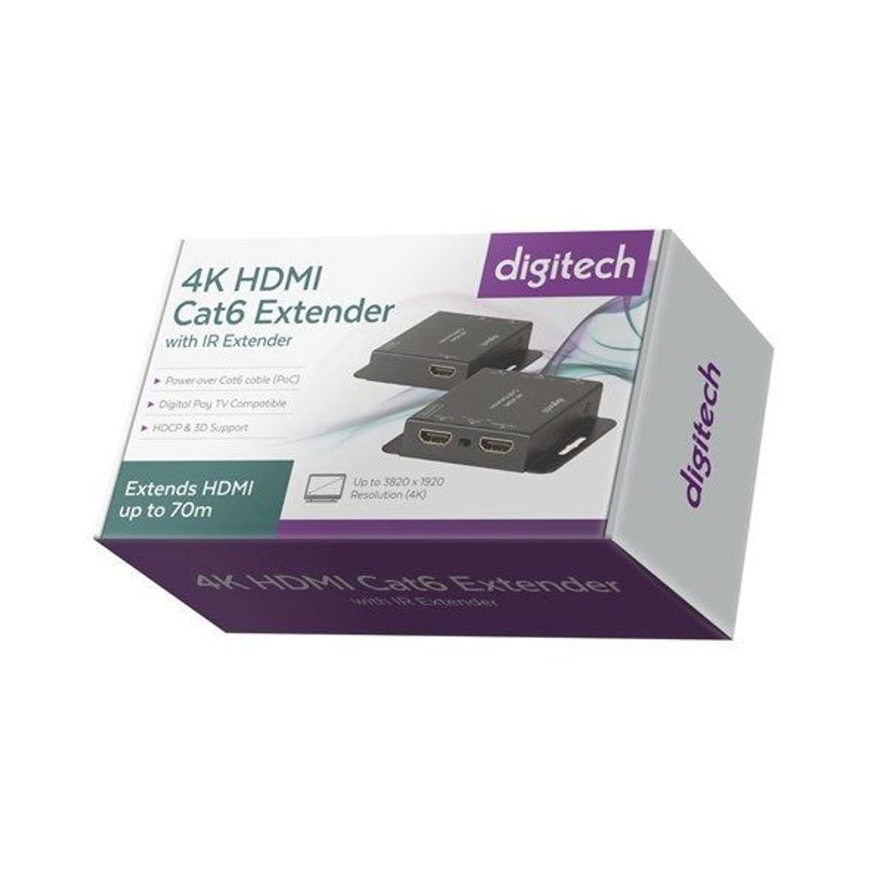 Digitech 4K HDMI Cat6 extender retail box with IR extender information