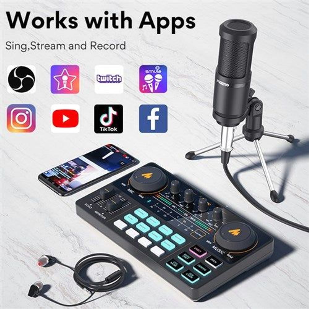 Black audio control console with microphone, smartphone screen, and connection cable