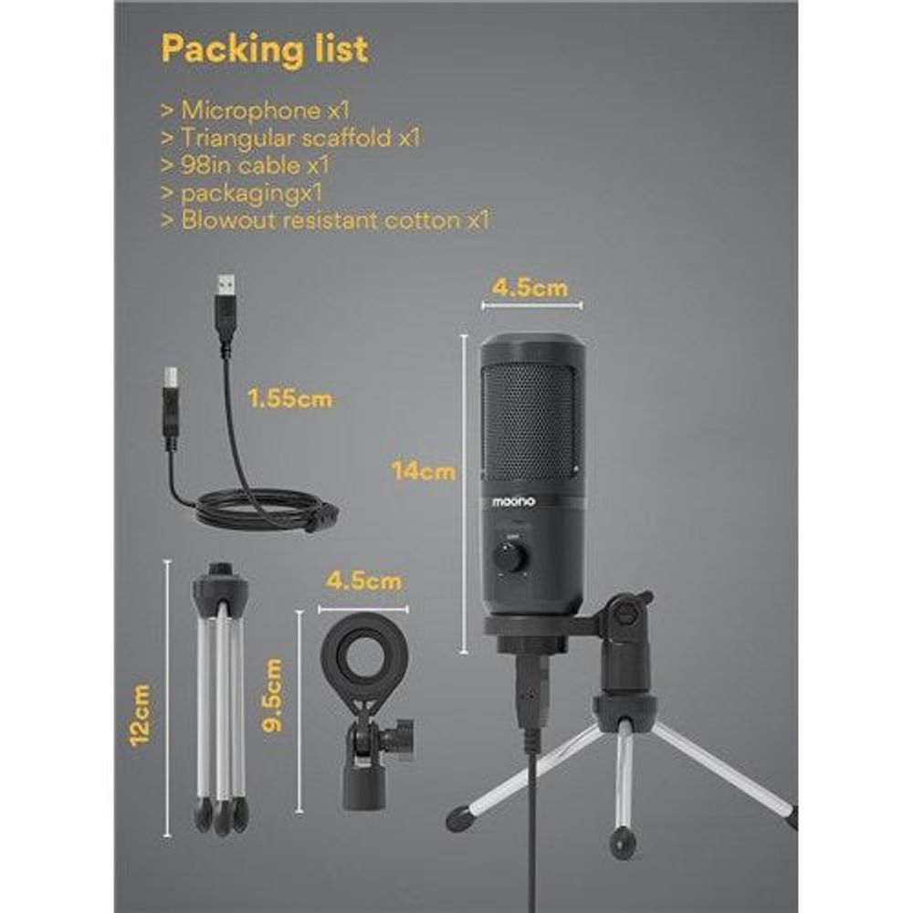 Black USB microphone with tripod stand; included cables and parts shown with dimensions