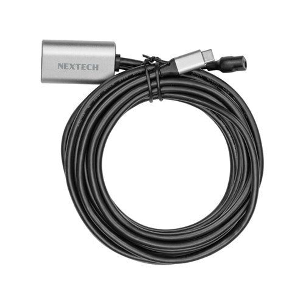 USB-C extension cable, coiled black cable with silver NEXTECH connector and dark plug ends