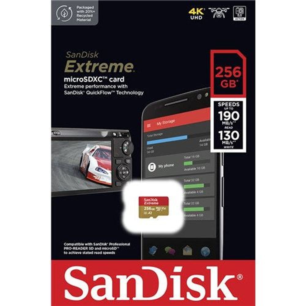 SDSQXAV-256G-GN6MA - Sandisk 256GB High Extreme microSDXC Class 10, Reads 190MB/S, Writes 130MB/S