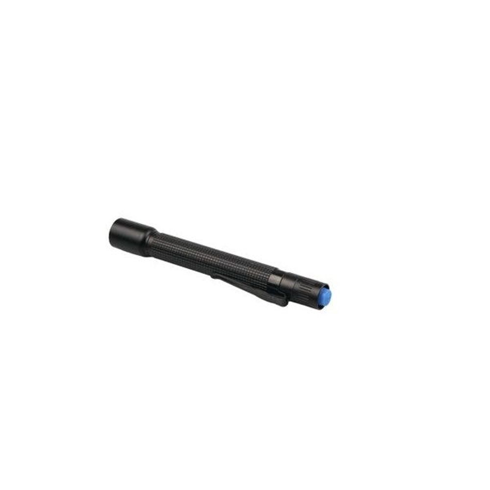 Adjustable LED torch with black textured handle and blue button