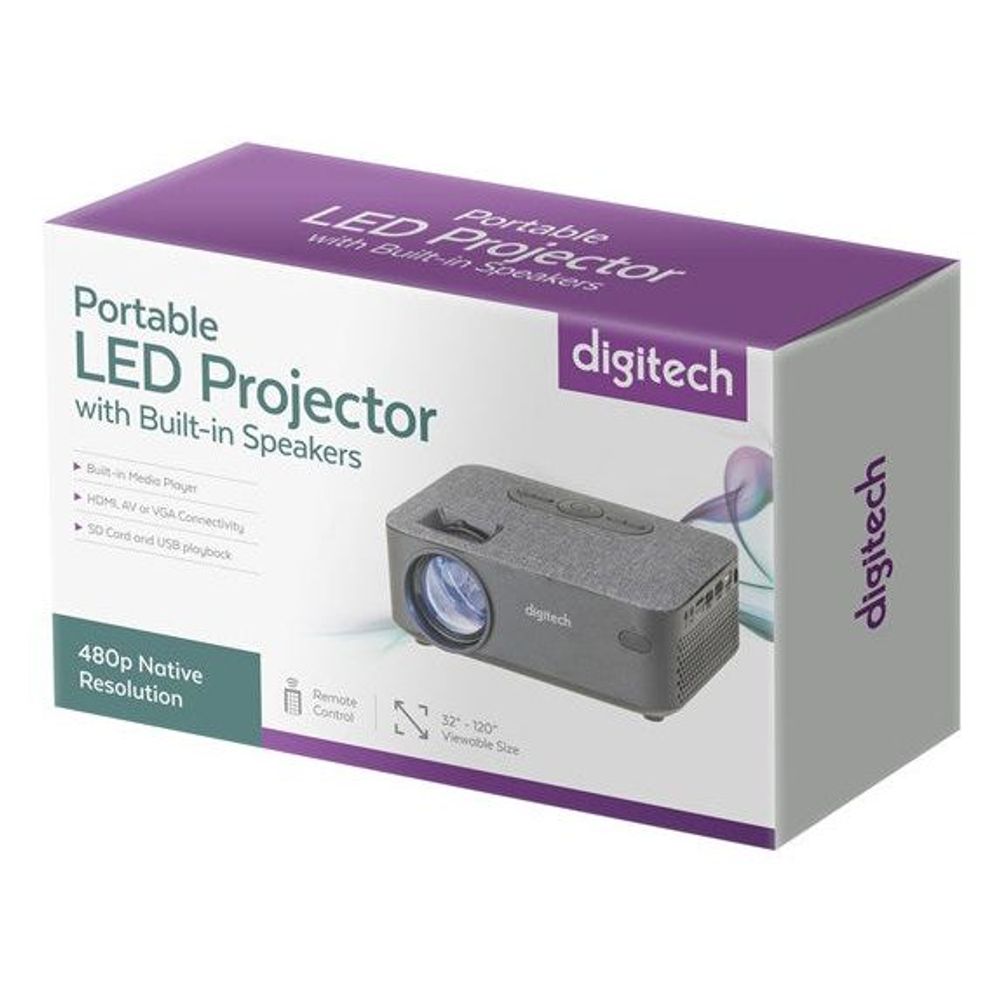 Portable LED projector retail box, purple and gray design with Digitech branding