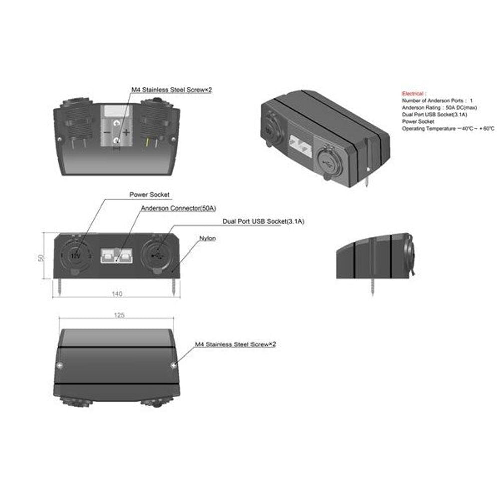 Technical diagram of surface-mount power bracket showing ports and mounting screws