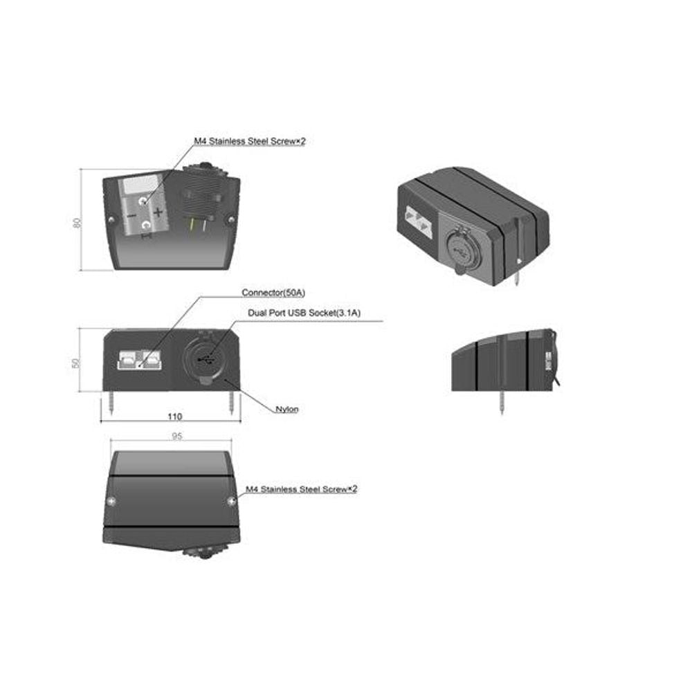 Surface-mount bracket schematic with dual USB ports, battery connector, size diagram