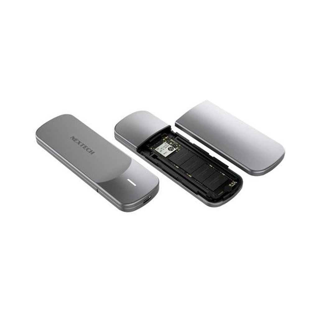 Gray NEXTTECH SSD case set with open cover revealing M.2 drive installation