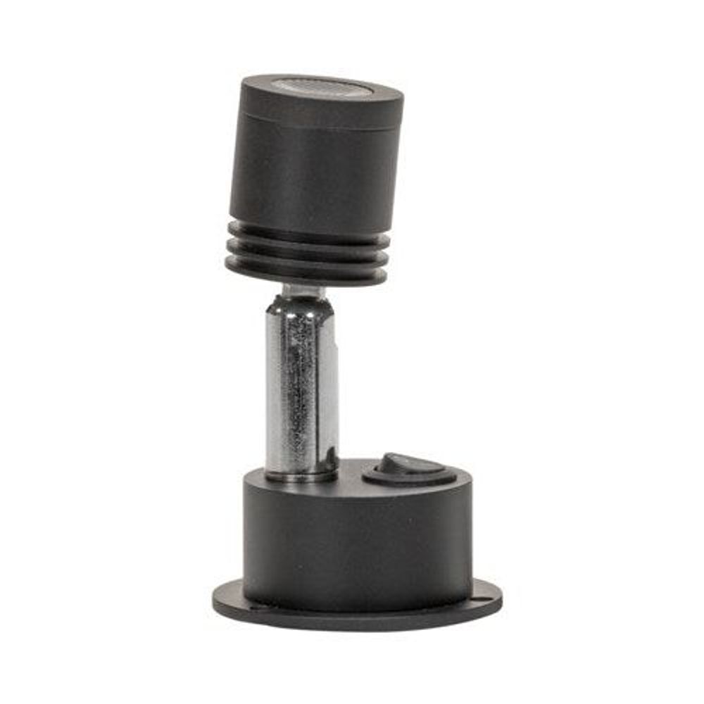 Black reading light with textured metal stem and round base, adjustable top