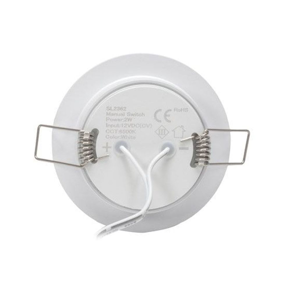 White LED downlight back plate with metal spring clips and wiring leads