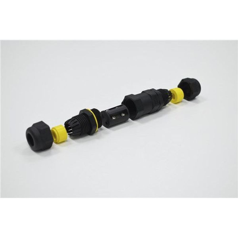 3P inline screw-in cable joiner with exposed contacts, black and yellow sealing