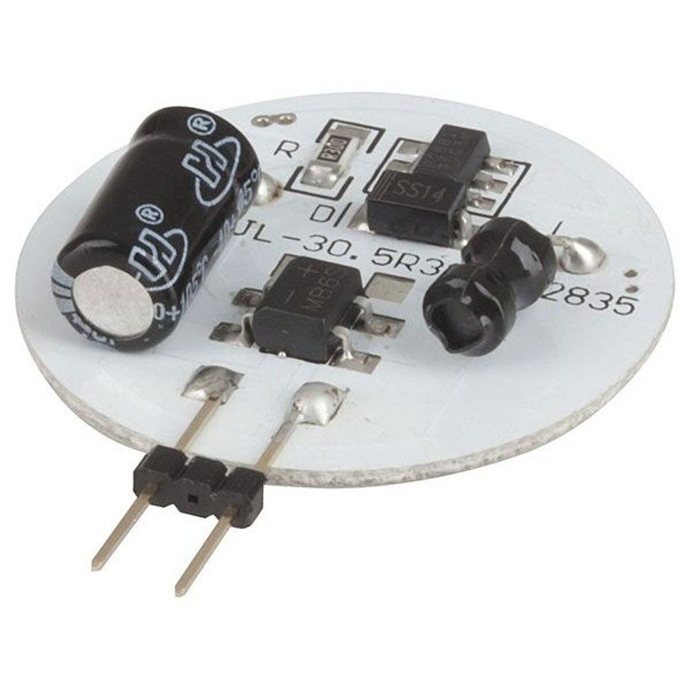 Circular LED driver board with cool white SMD LEDs, capacitors, and two pins
