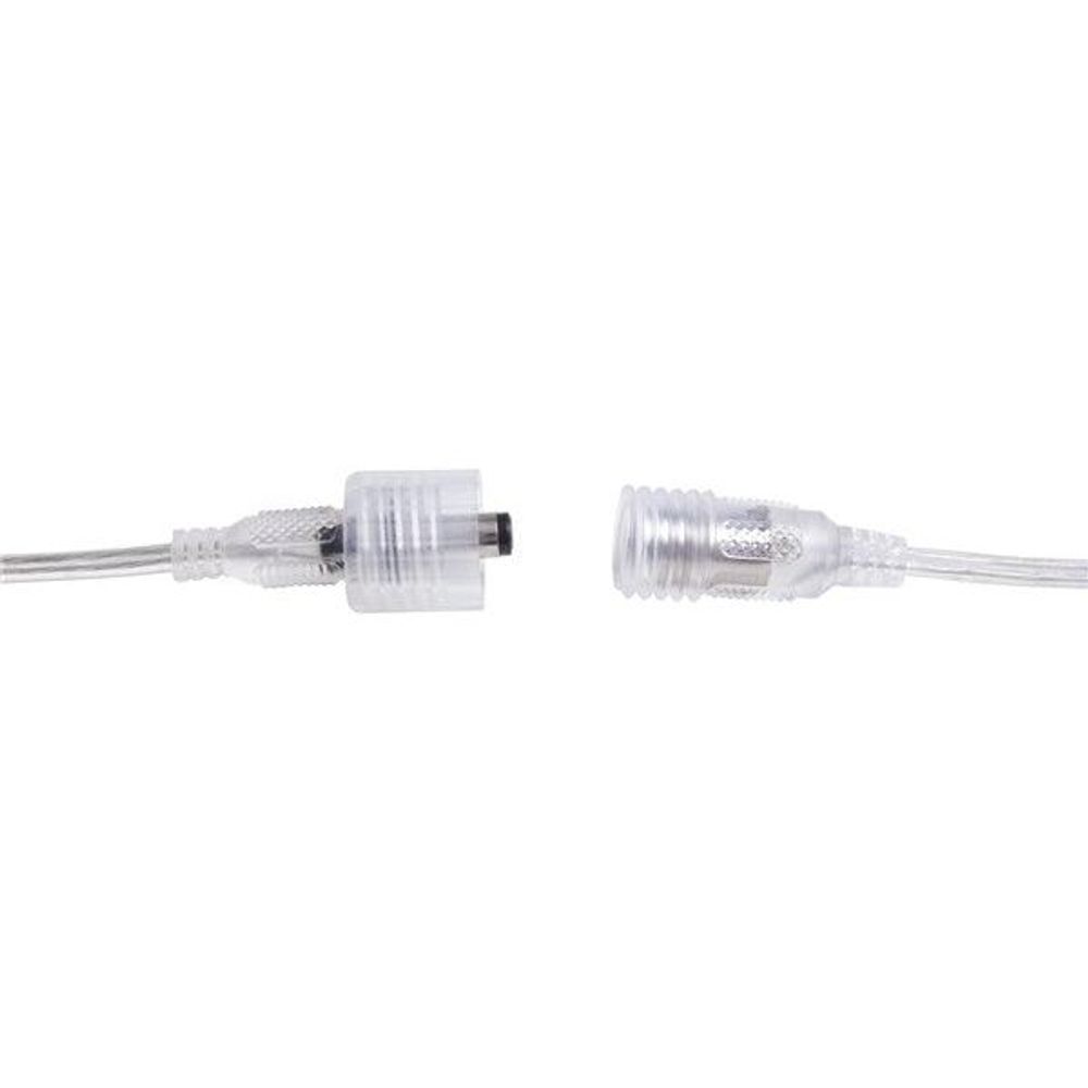 Weatherproof inline connector for LED strip, clear housing with ribbed strain relief