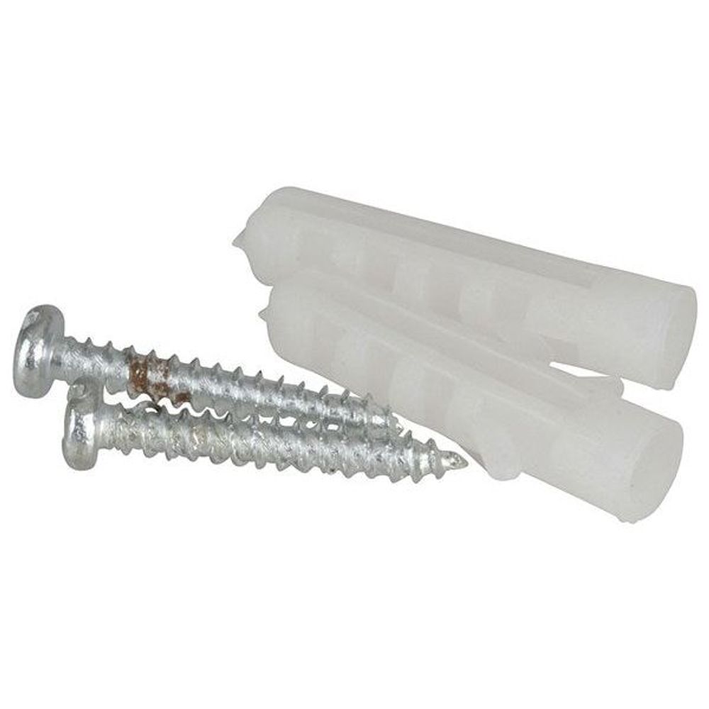 Metal screws with white plastic wall/desk mounting anchors