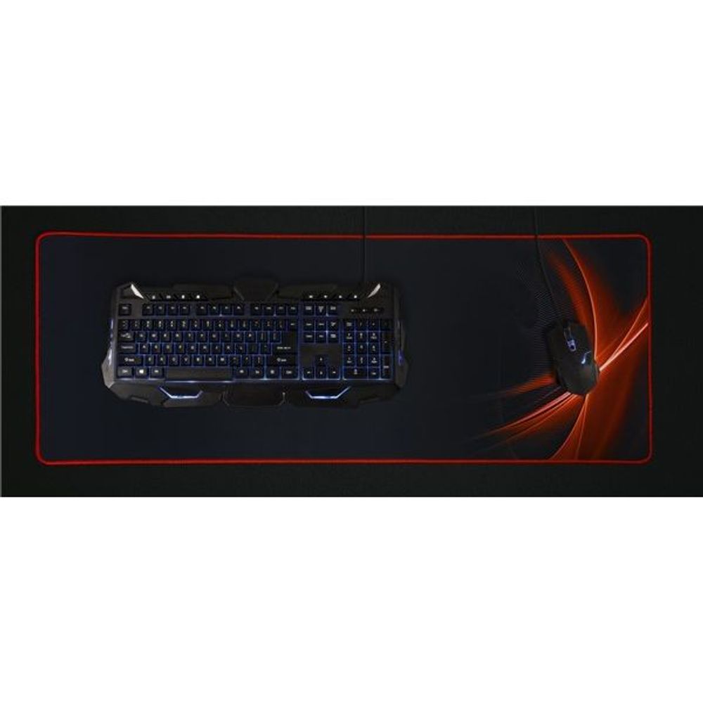 Rectangular black gaming mouse pad with red border; keyboard and mouse placed on top