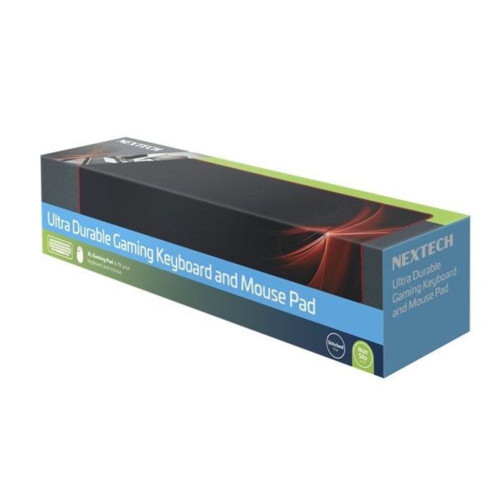 Gaming mouse pad retail box showing a rectangular black pad with red border and flame art