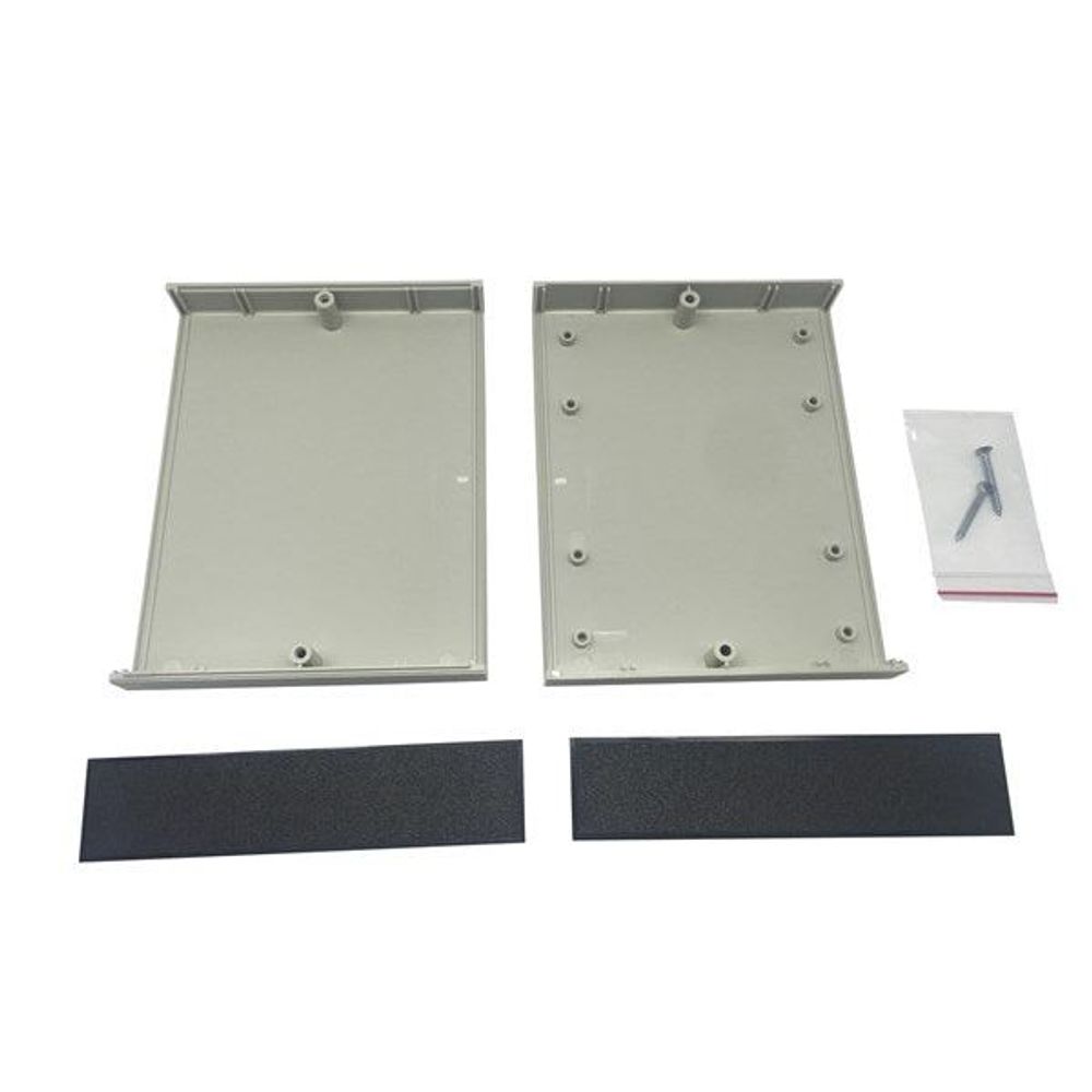 Instrument enclosure base and lid with screw holes, light interior and dark end strips