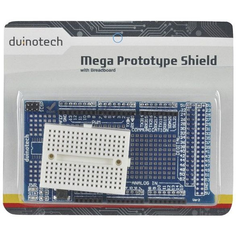 Mega Prototype Shield with breadboard in retail package, blue circuit board