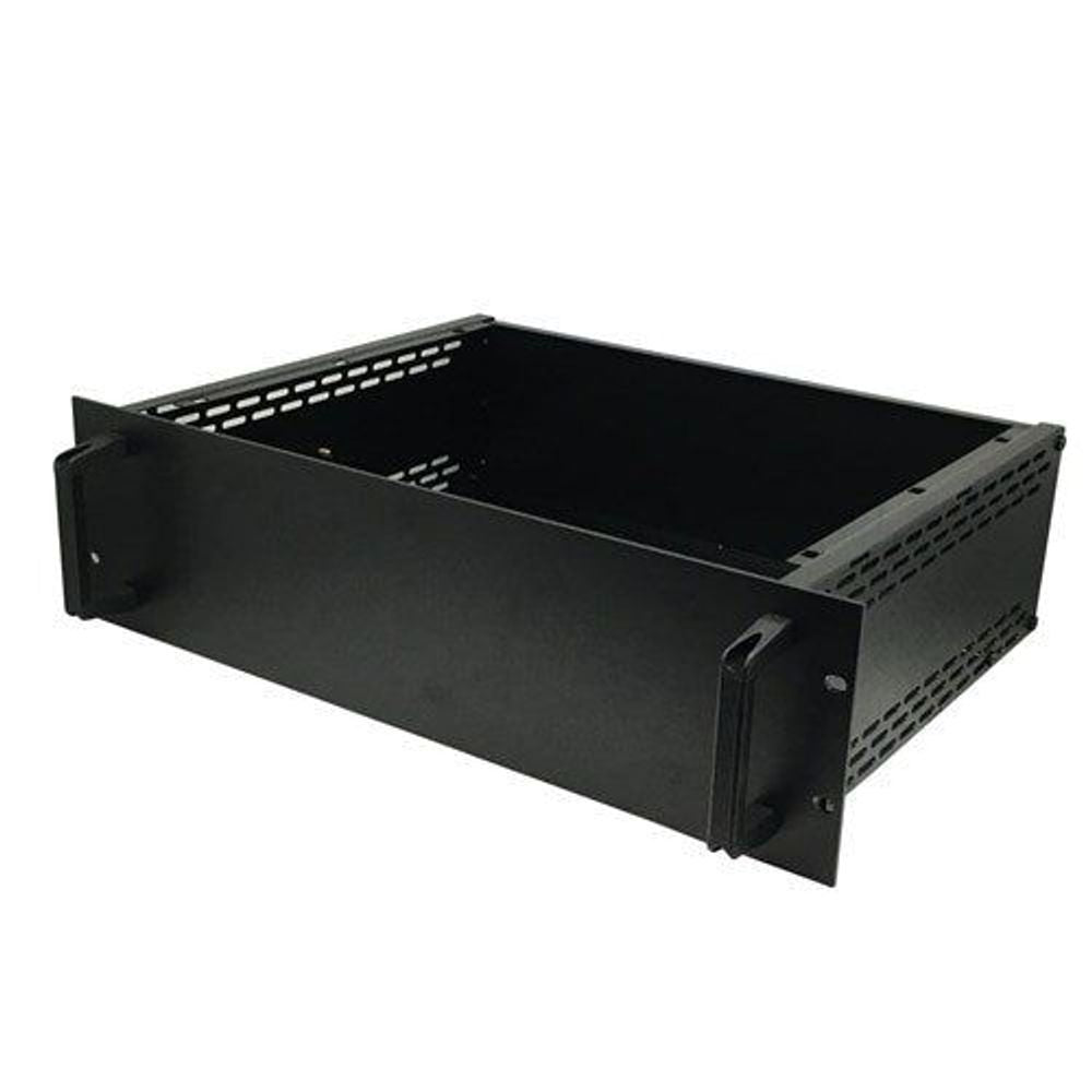 Black rack equipment enclosure with front access panel and vented sides