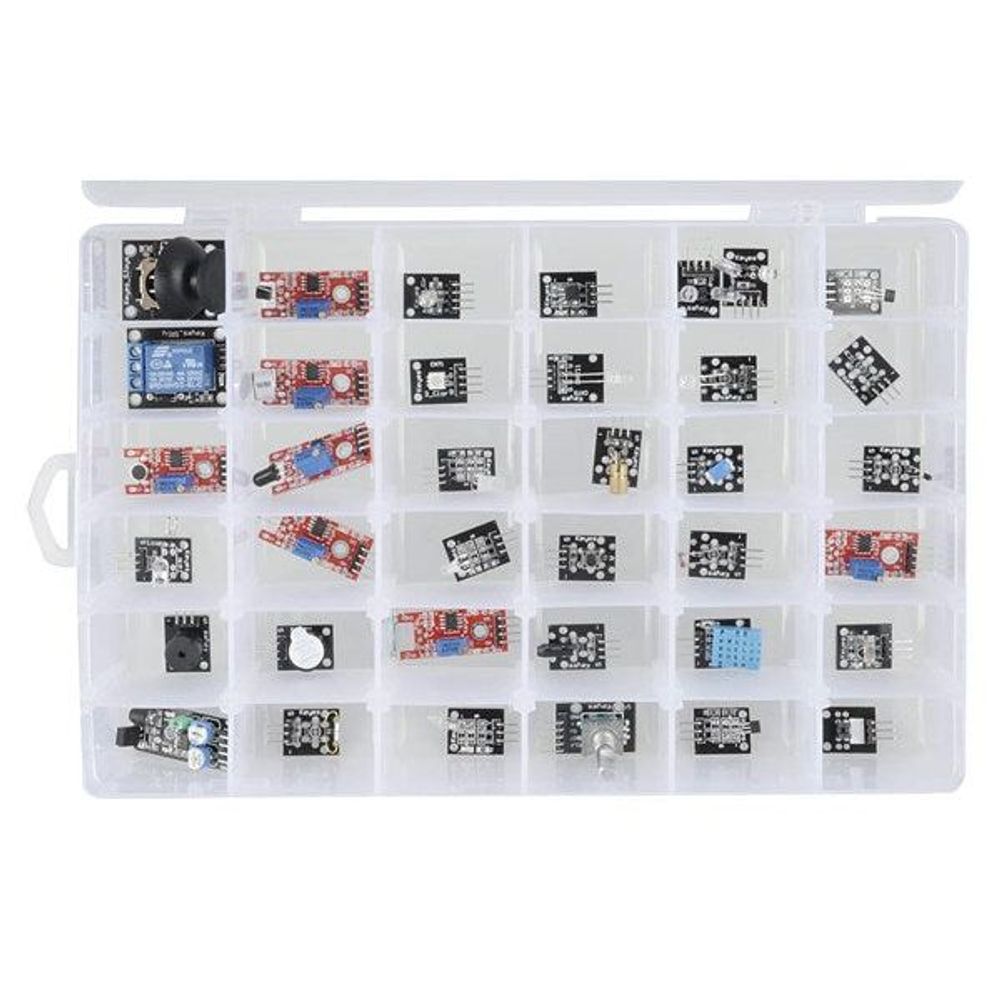 Assorted sensor and module PCB collection in a clear plastic organizer