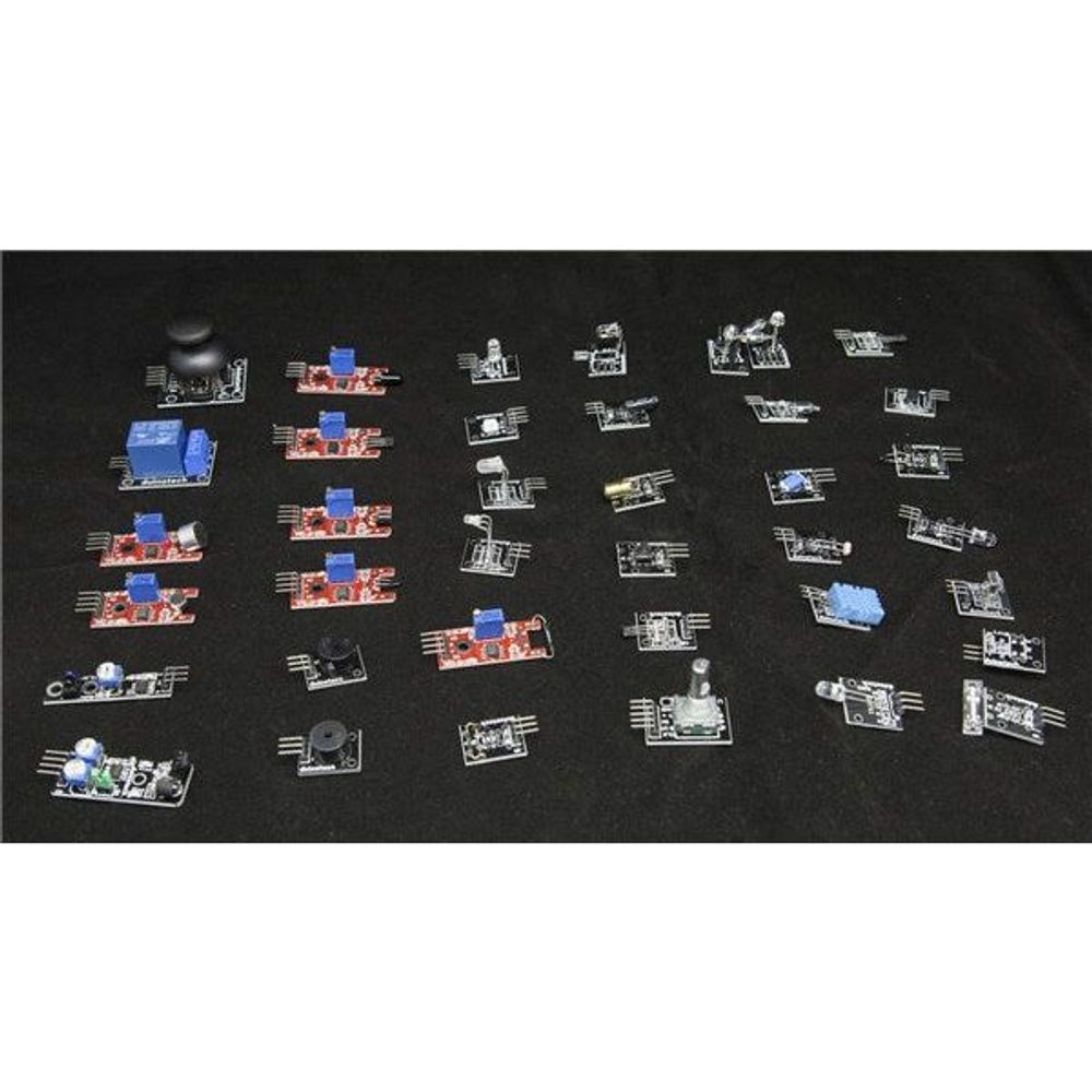 Assorted sensor and module PCBs laid out individually for easy viewing