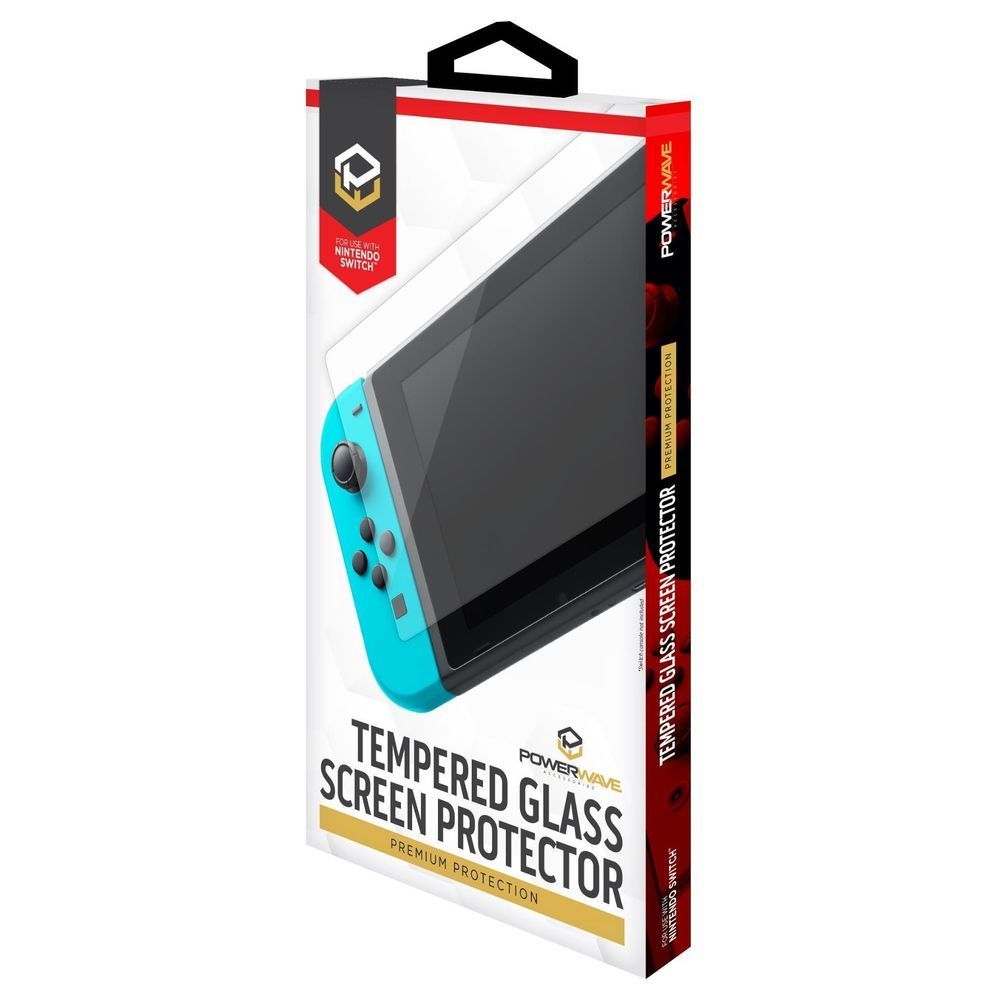 Nintendo Switch tempered glass screen protector box side with vertical Powerwave text