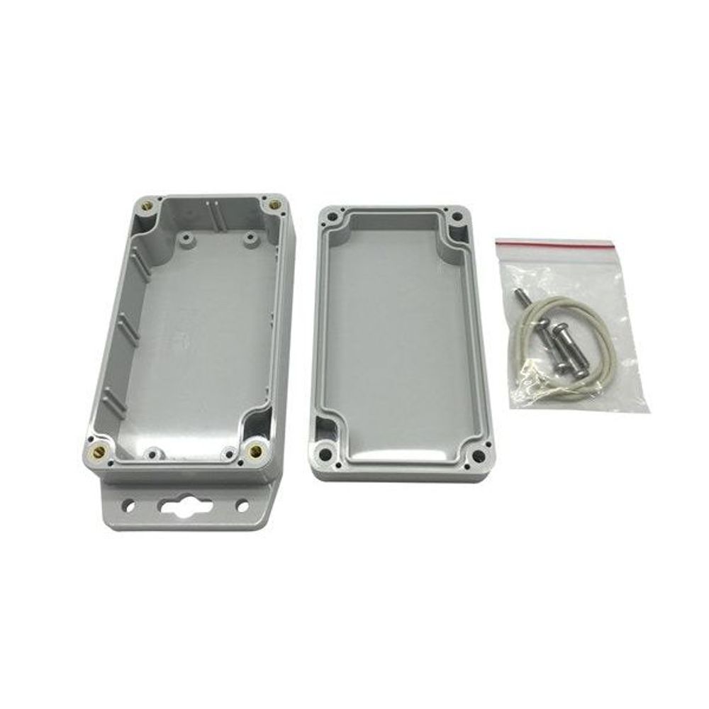 Light grey polycarbonate enclosure base and cover, plus mounting hardware bag
