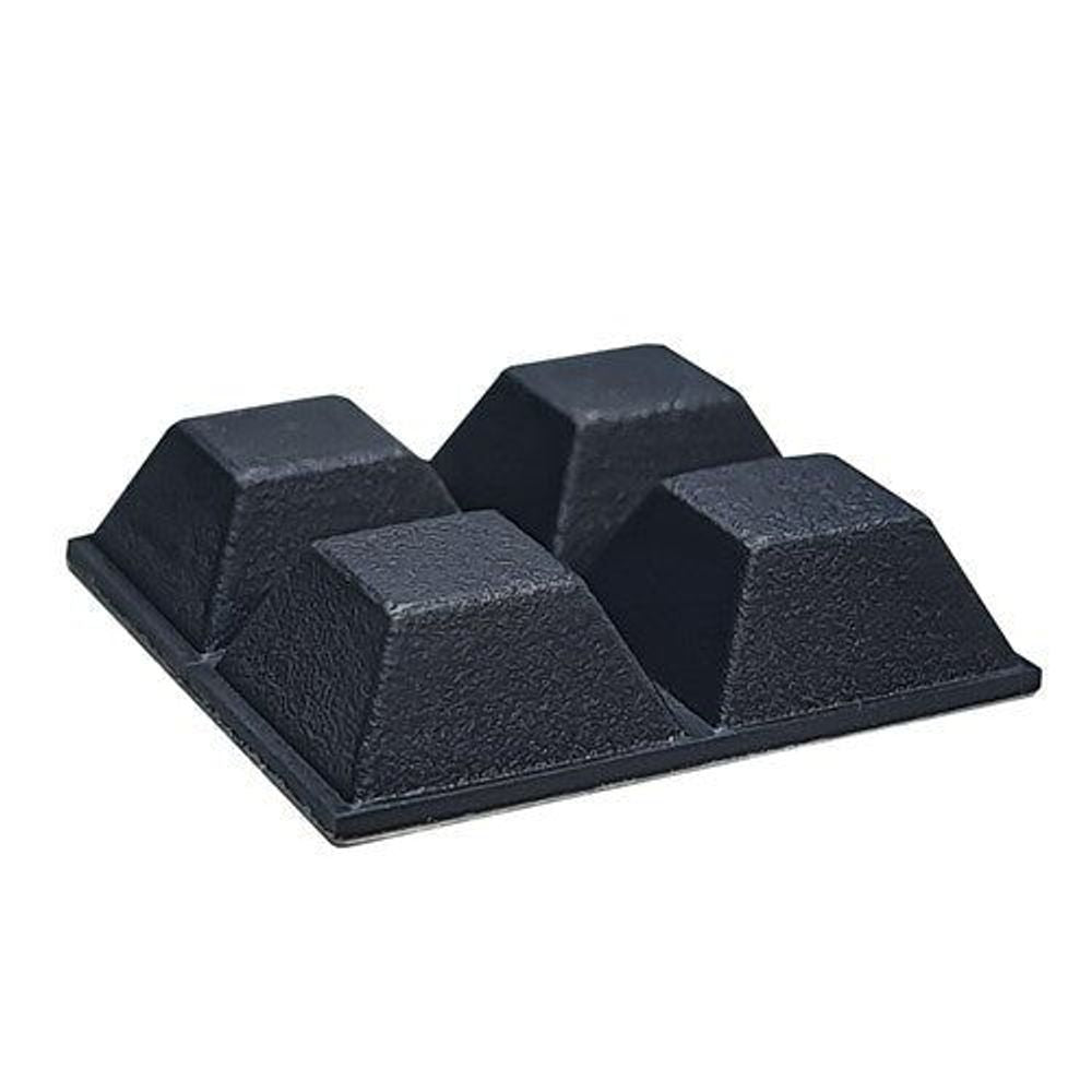 Pack of 4 small dark rubber stick-on feet, square pads on adhesive backing