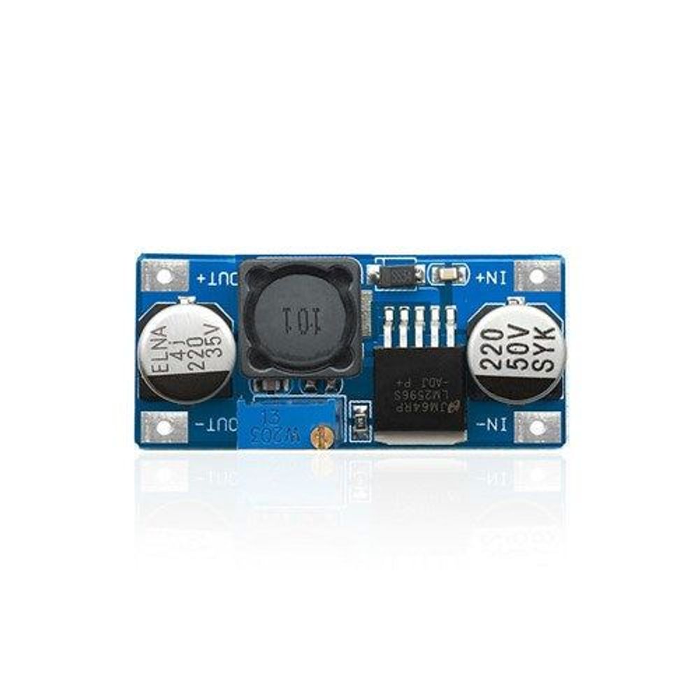 Blue DC regulator module front with marking '101' chip, two capacitors, and output terminals
