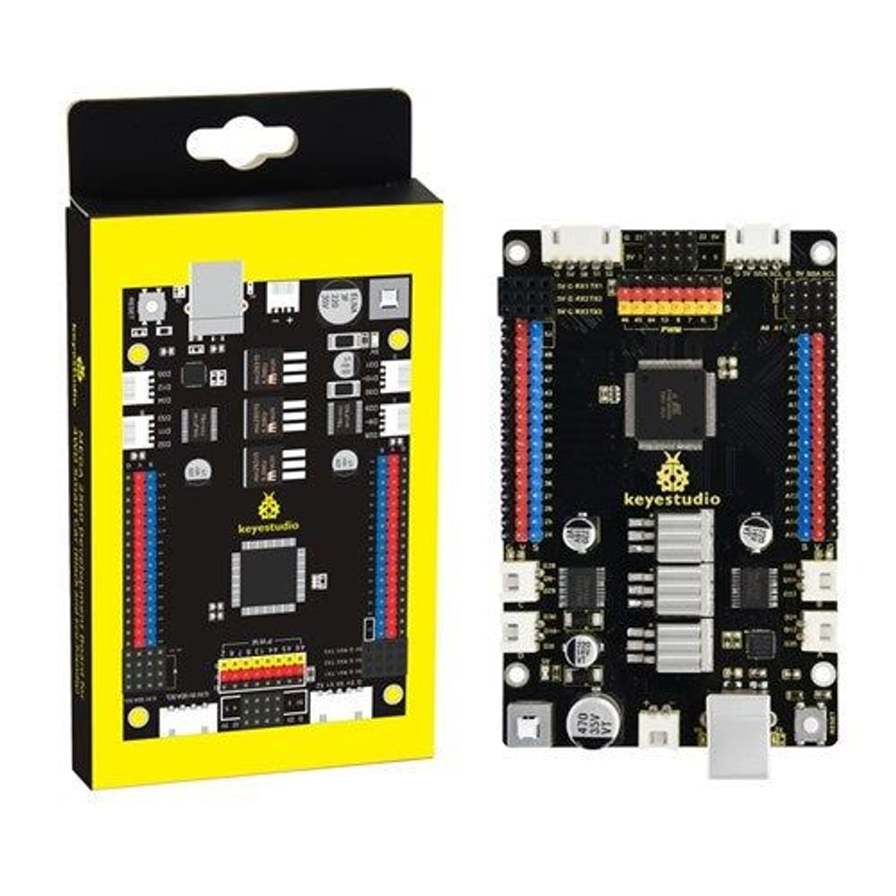Retail box with Duinotech MEGA 2560 r3 motor controller board, black PCB with headers