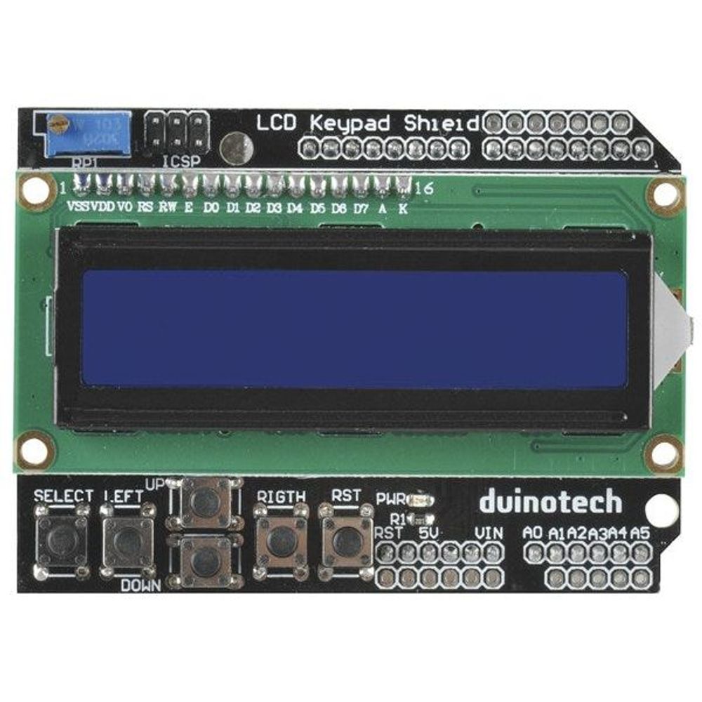 Duinotech LCD keypad shield with blue display window and keypad controls