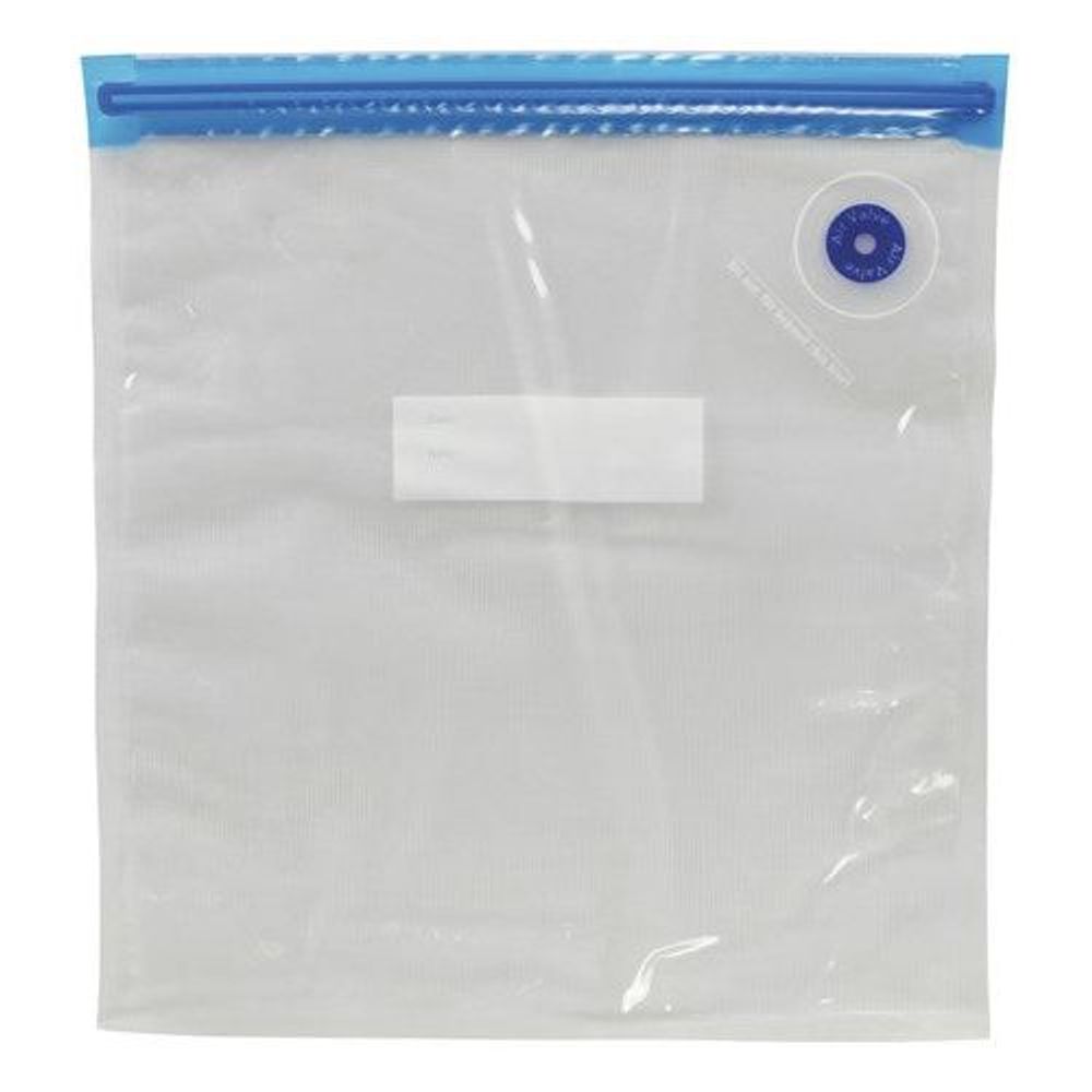 Clear vacuum storage bag with blue zipper seal and round blue seal sticker