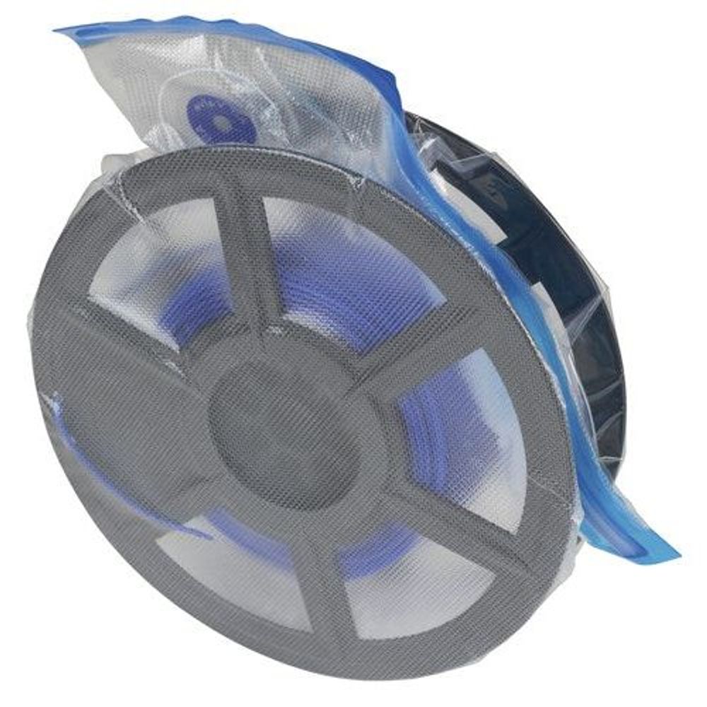 Mesh-style storage bag with blue trim and circular spool insert