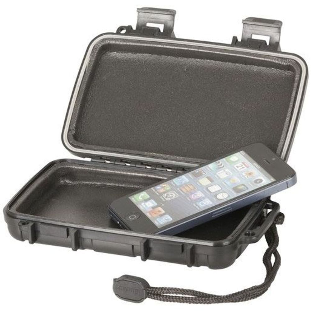 Black waterproof ABS plastic case with open lid, holding a smartphone