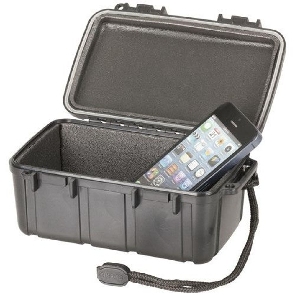 Black waterproof ABS plastic case open with foam insert and smartphone inside