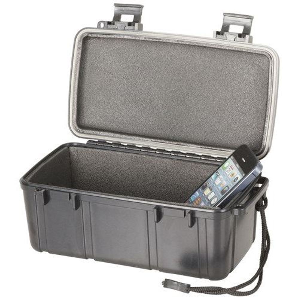 Black waterproof ABS plastic case open with foam insert and smartphone inside