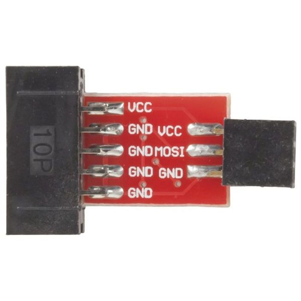 10-pin to 6-pin AVR ISP adapter with red PCB and gold pin sockets, black housing