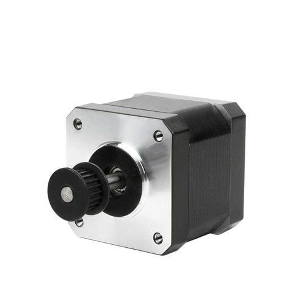 Silver and black stepper motor with front knob-style shaft and mounting faces