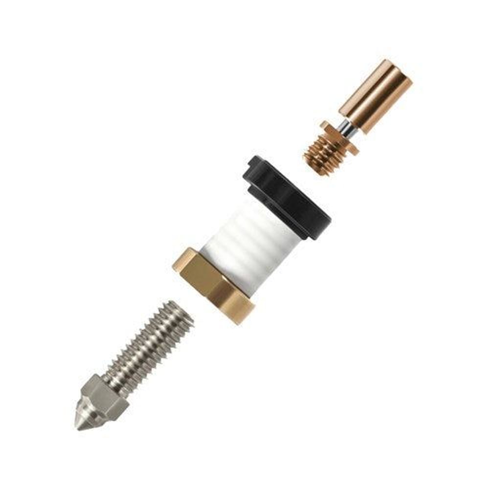 Heating head upgrade kit with metal nozzle, white insulator, and threaded screw