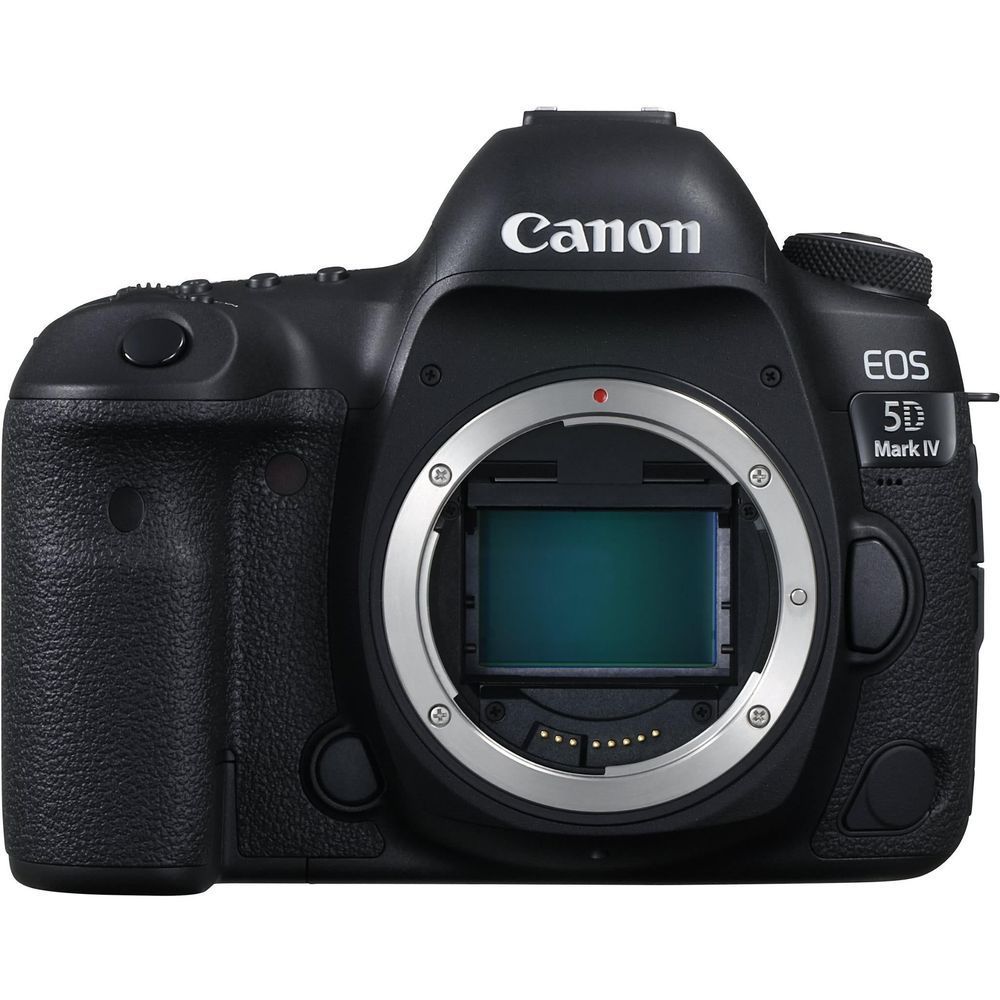 Black Canon EOS 5D Mark IV DSLR camera body, front view with lens mount