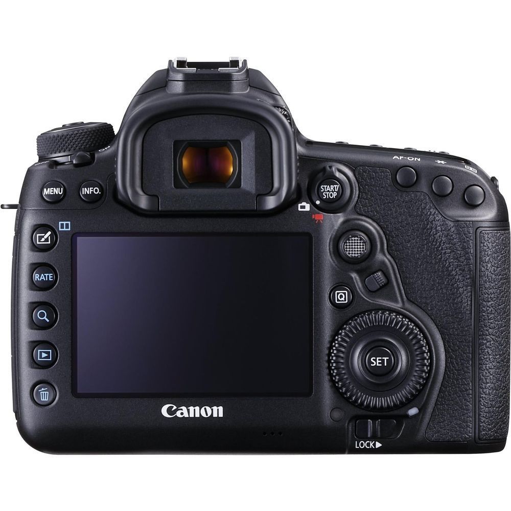 Black Canon EOS 5D Mark IV DSLR camera body, rear LCD screen and buttons