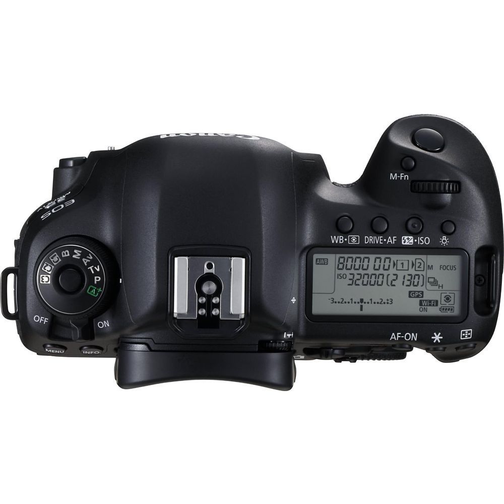 Black Canon EOS 5D Mark IV DSLR camera body, top controls and hot shoe
