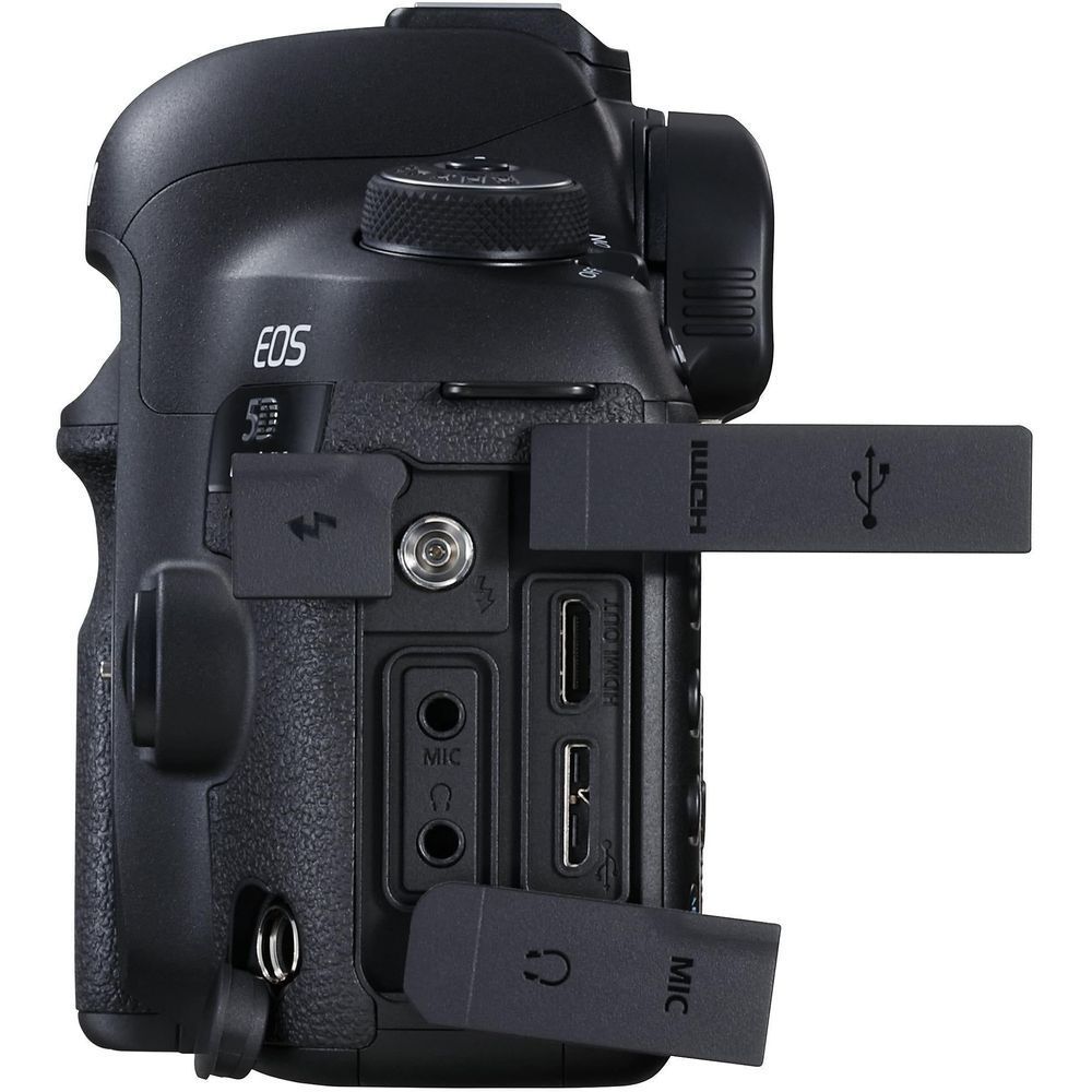 Black Canon EOS 5D Mark IV DSLR camera body, side I/O ports with cover