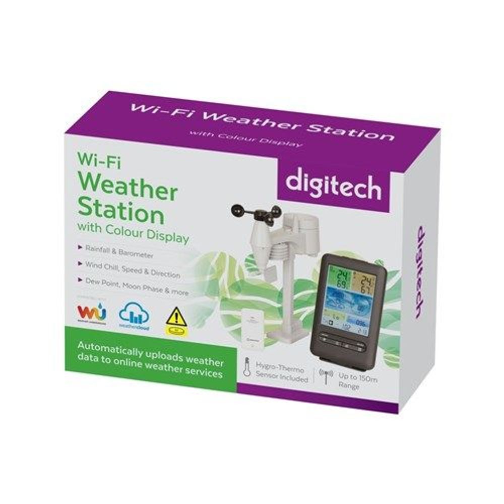 Retail box for wireless Wi‑Fi weather station with color display and outdoor sensor