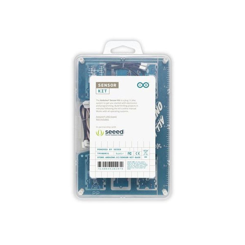 Arduino sensor kit PCB inside clear blister pack, top view