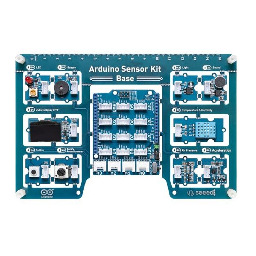 Arduino sensor kit base board with labeled sensor modules and headers