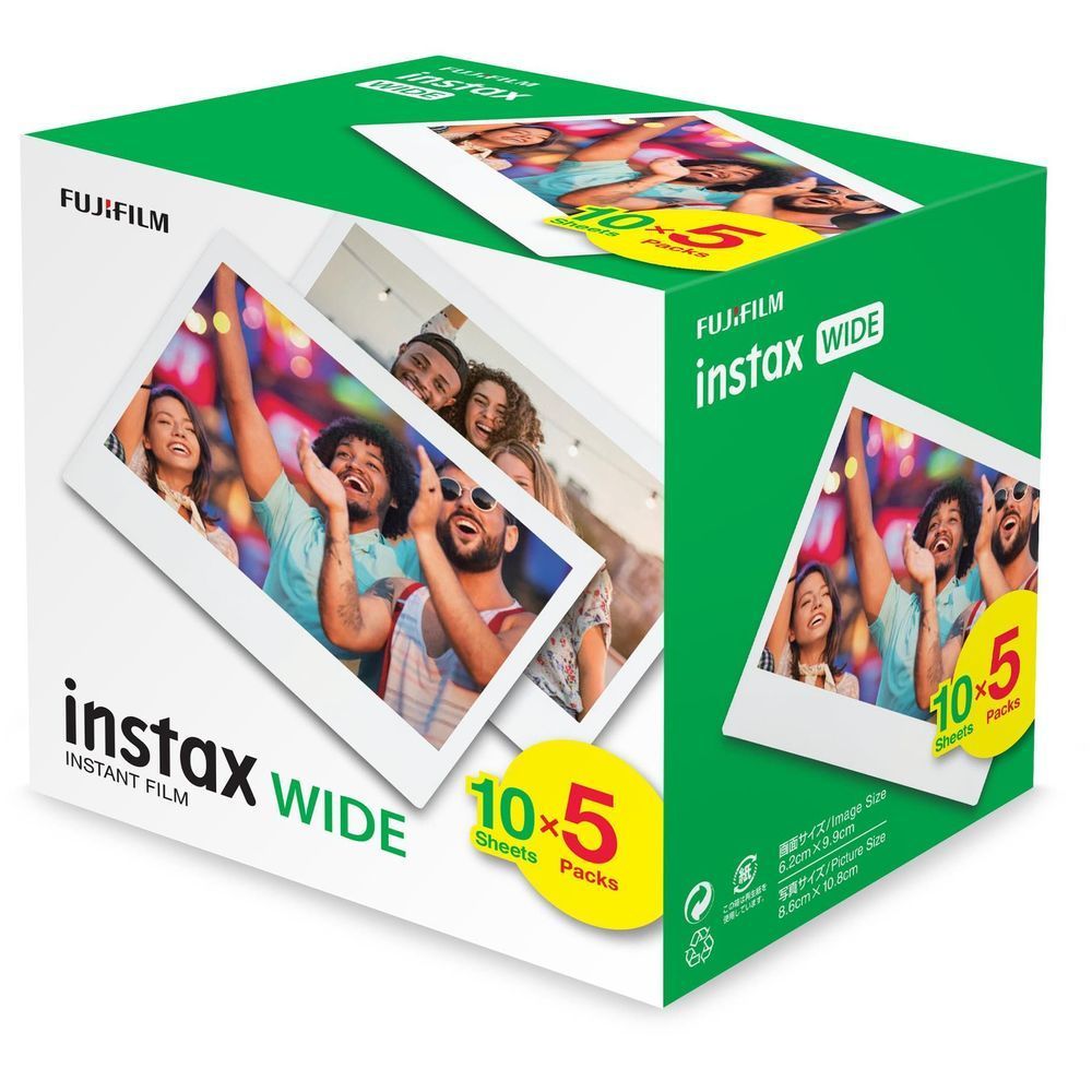 Fujifilm instax WIDE instant film pack, 50 sheets, white photo frames, green box