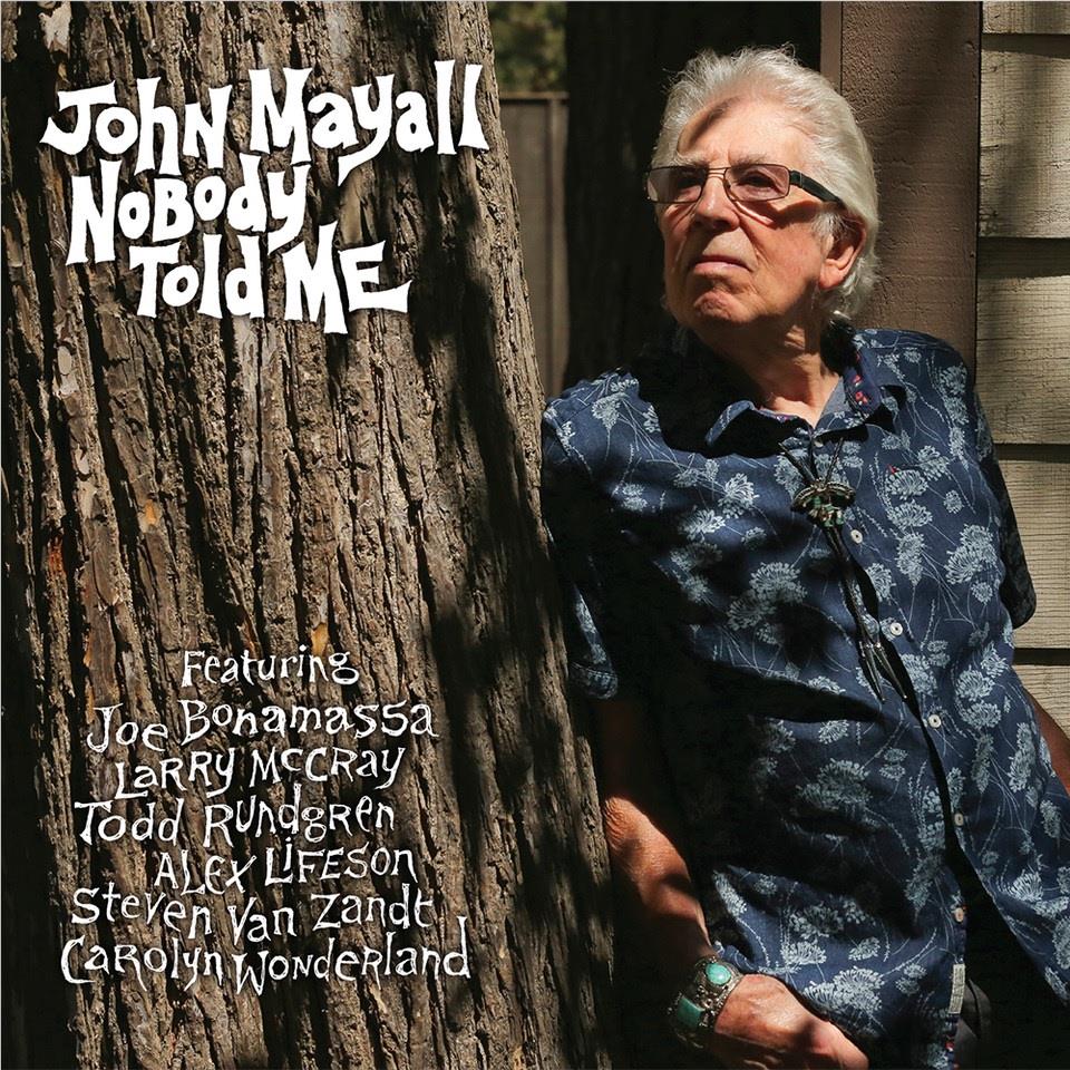 John Mayall book cover, "Nobody Told Me", portrait in blue patterned shirt