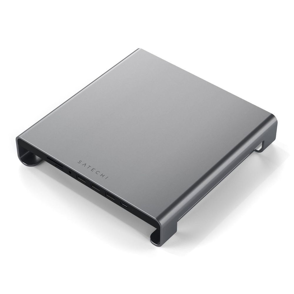 Aluminum monitor stand hub, space gray, angled view with front USB ports