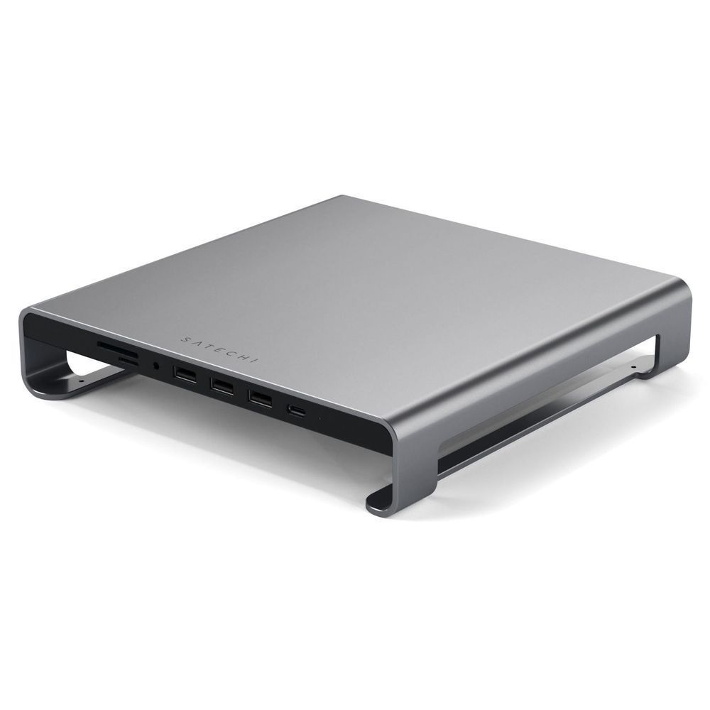 Aluminum monitor stand hub, space gray, front edge with multiple USB ports