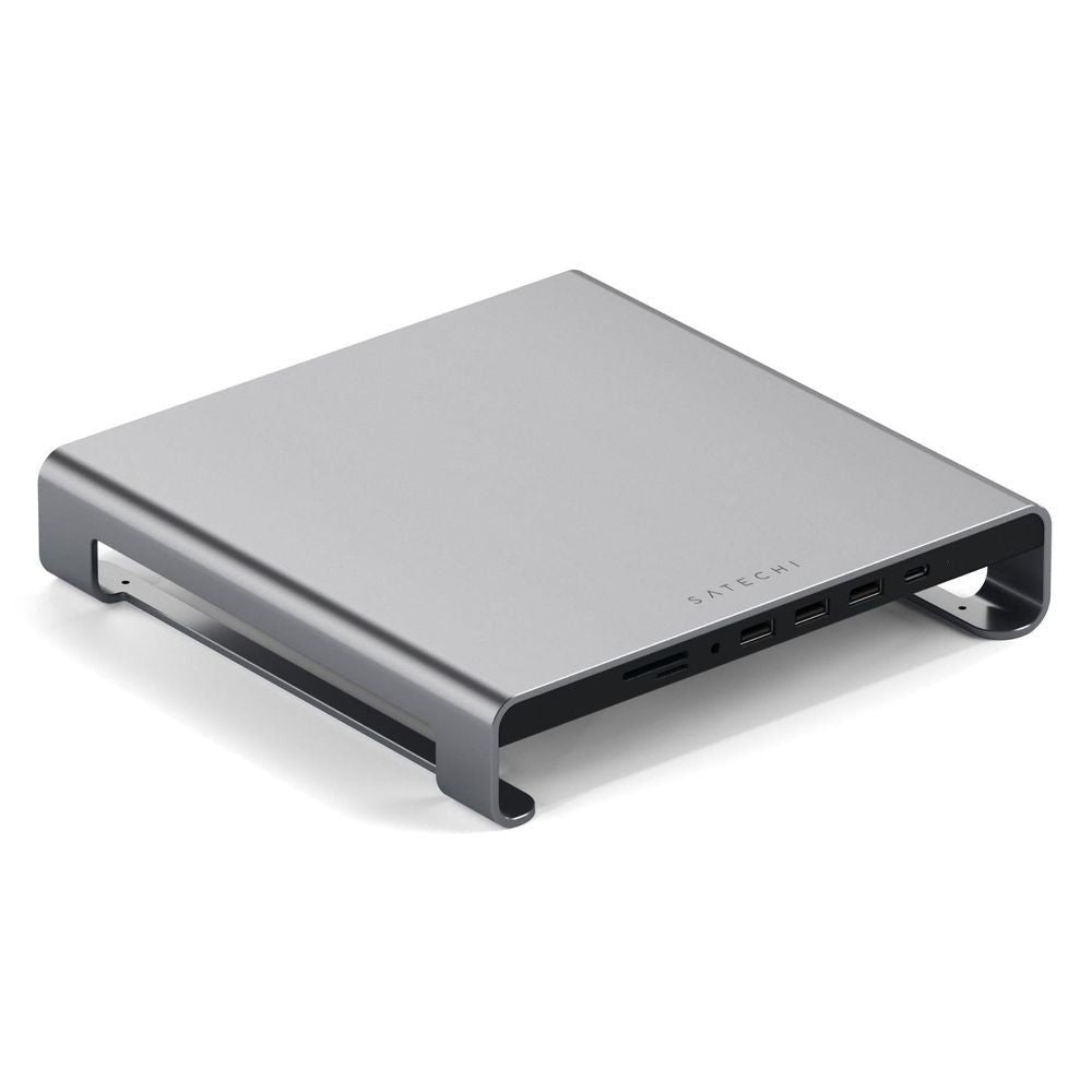 Aluminum monitor stand hub, space gray, angled top view with side supports